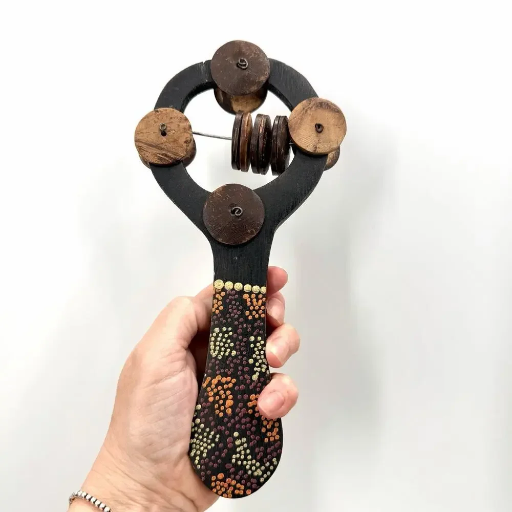 African Handcrafted & Painted Wood Rattle Folk Art Shaker Musical Instrument